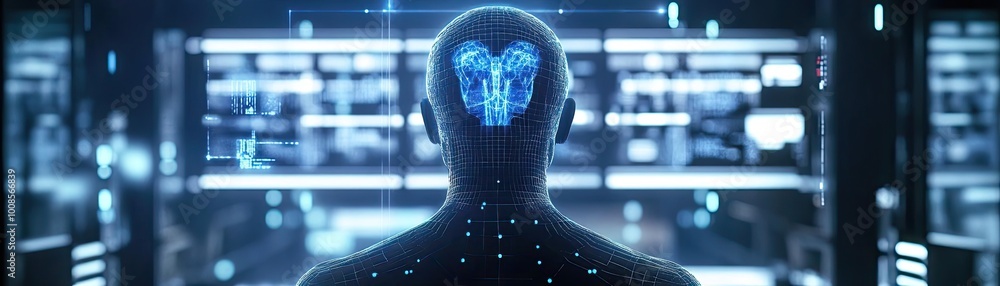 Aufkleber futuristic humanoid figure with a glowing head and digital interface, symbolizing advanced technolog