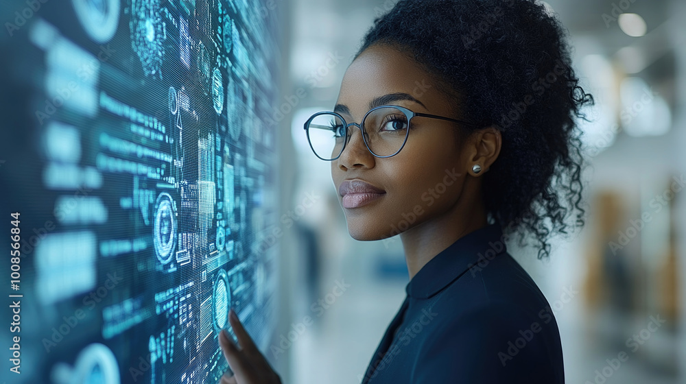 Poster a professional woman in glasses engages with an interactive digital display, exploring data and tech