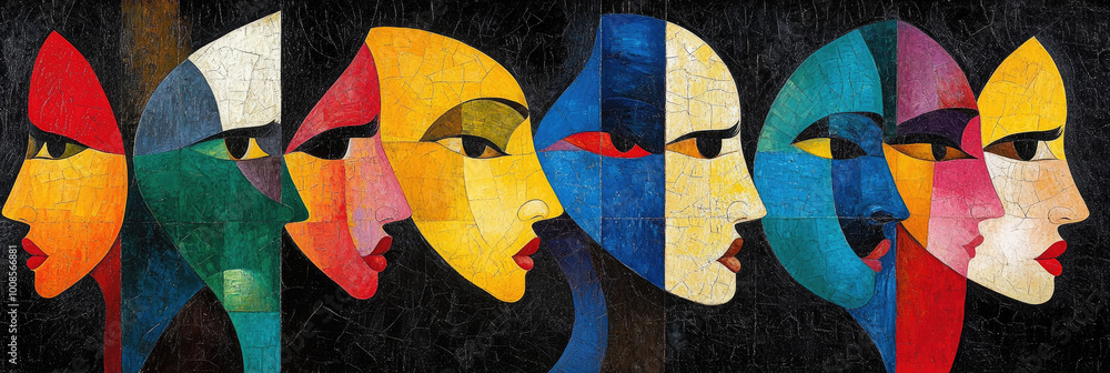 Poster the artwork features a series of interconnected faces in bright colors, symbolizing unity and divers