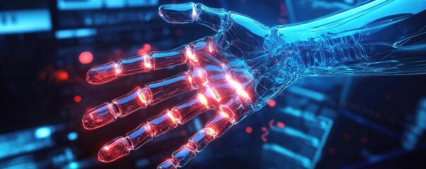 Fototapeta premium Futuristic robotic hand interface with glowing elements showcasing advanced technology and artificial intelligence concepts.
