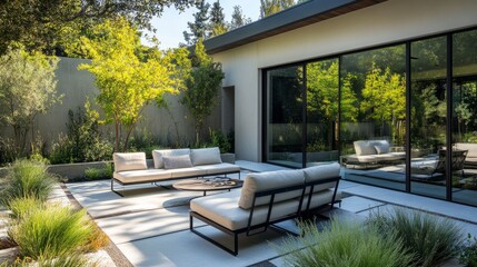 Minimalist patio garden with contemporary seating, refined plant arrangements, and clear windows adding to the tranquil outdoor experience