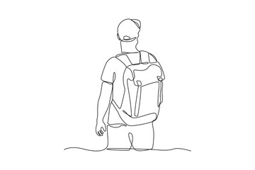 Simple continuous line drawing of a man solo hiking at mountain. Simple continuous line, simple line.