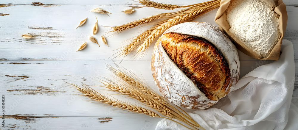 Poster top view of a loaf of bread with wheat ears and a bag of flour on a white wooden surface creating a 