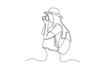 Simple continuous line drawing of young girl takes a photo at nature. Simple continuous line, simple line.