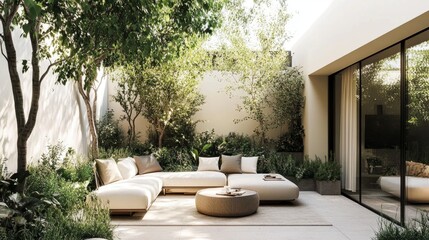 Minimalist patio with contemporary seating, sophisticated plants, and clear windows, offering a peaceful garden retreat experience