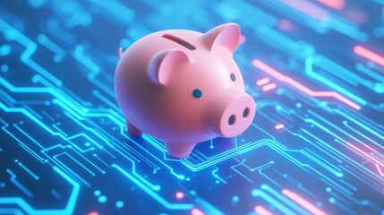 Illuminated pink piggy bank on a modern blue circuit board represents the intersection of finance and technology