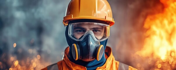 A firefighter in protective gear stands confidently amidst flames, showcasing readiness and courage in emergency situations.