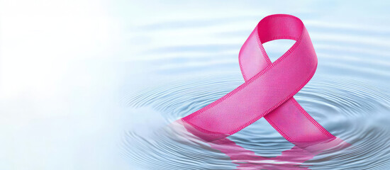 A glittering pink ribbon floating on water, with soft ripples symbolizing the journey of healing and support