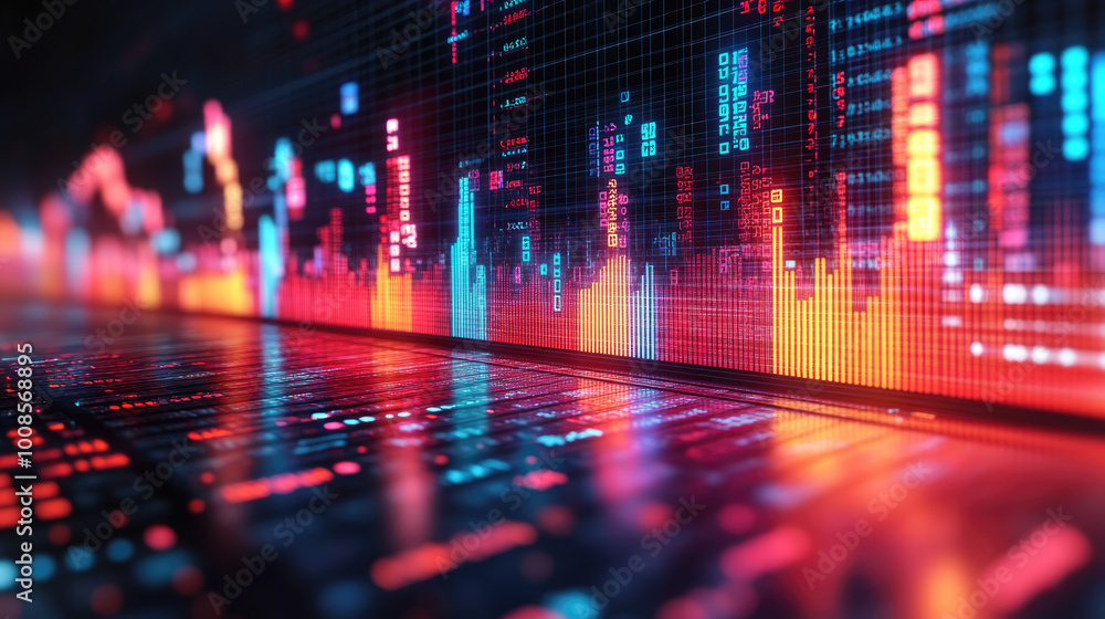 Poster a vibrant display of digital graphs and charts showcases market trends and analytics illuminated in 