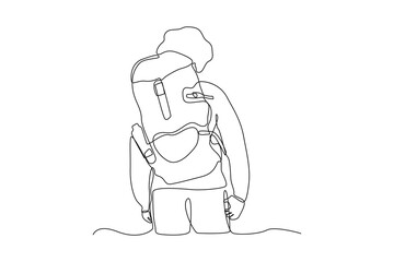 Simple continuous line drawing of a climber uses a backpack to carry his equipment when climbing. Traveling minimalist concept. Simple continuous line, simple line.