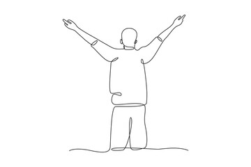 Simple continuous line drawing of yaoung man feeling happy at his traveling. Traveling minimalist concept. Simple continuous line, simple line.