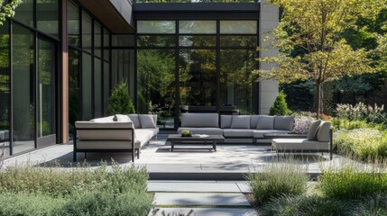 Modern outdoor patio featuring stylish seating, elegant plants, and clear windows, creating a peaceful and inviting garden atmosphere