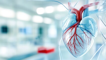 Detailed Illustration of an Anatomical Human Heart with Clear Veins and a Bluish Color