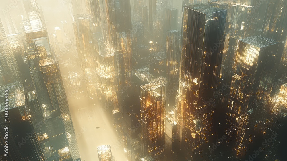 Poster a hovering city of reflective glass structures illuminated by soft sunlight, casting intricate patte