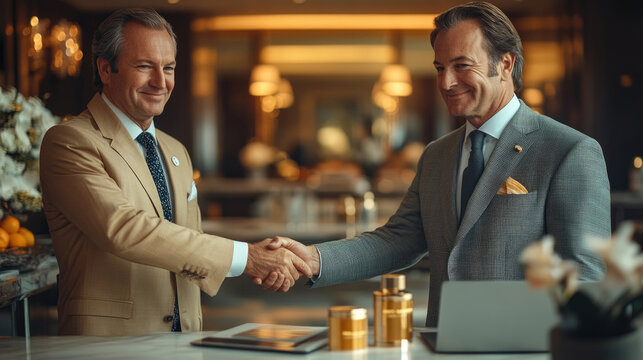 Two well-dressed men exchange a firm handshake in a luxurious hotel lobby, celebrating a successful business agreement in a corporate setting - Powered by Adobe