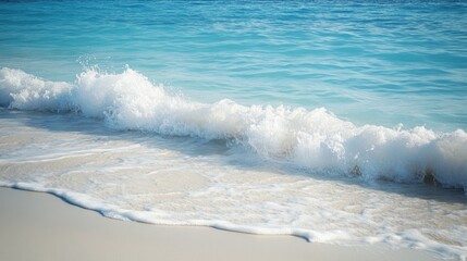 White foamy waves crashing on a pristine sandy beach with clear turquoise water.