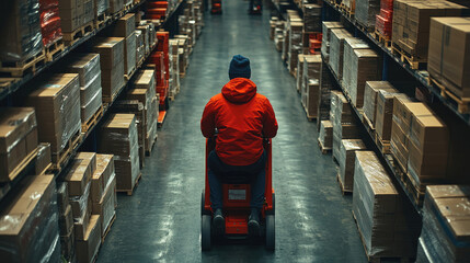 A worker in a red jacket uses a pallet jack to navigate through a warehouse aisle lined with stacked cardboard boxes during evening hours