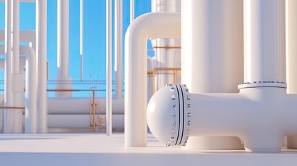Detailed view of industrial piping system featuring white pipes and blue sky, emphasizing structure and engineering design.