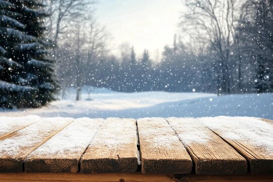 dirty old wooden table place of snow and trees of snow place