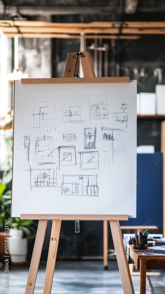 Poster whiteboard on an easel with sketches of building designs.