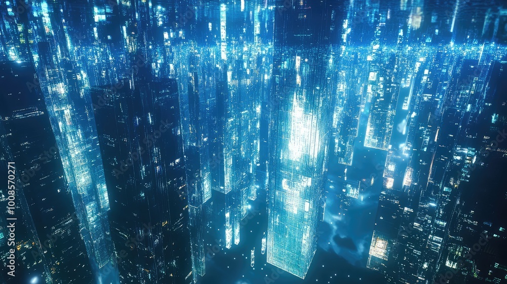 Poster a hovering city of reflective glass structures illuminated by soft sunlight, casting intricate patte