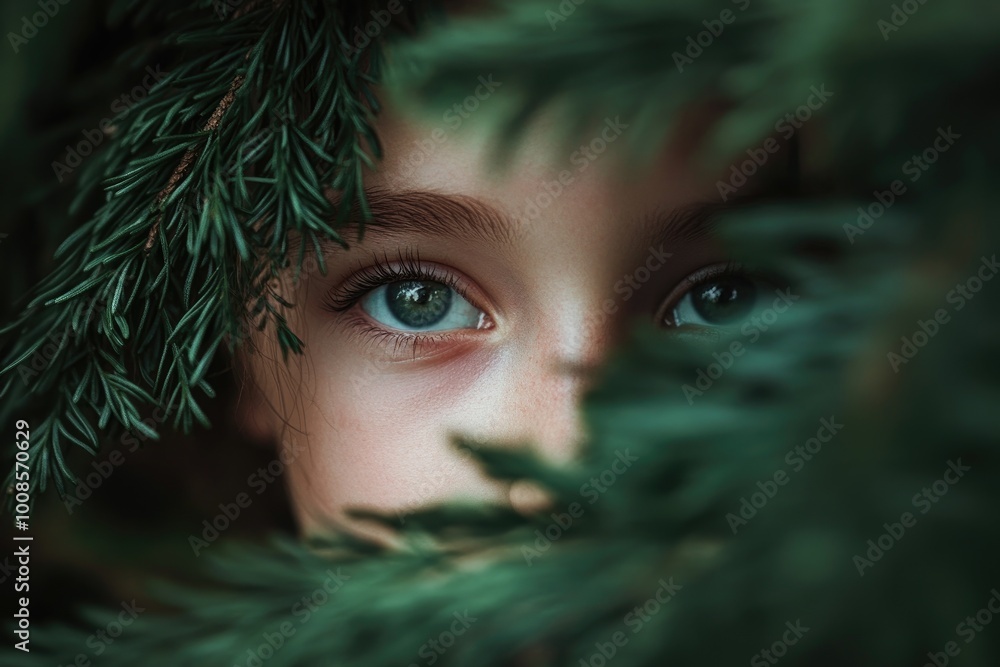 Canvas Prints Close-up of a Girl's Eyes Partially Hidden by Green Foliage