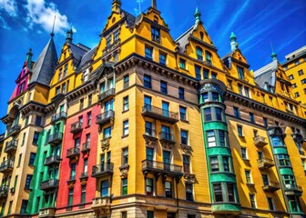 Obraz premium Iconic building exterior of Dakota apartments in New York City against a clear blue sky backdrop