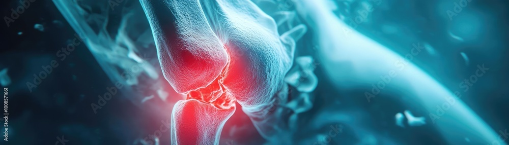 Poster close-up view of a knee joint with highlighted areas, showcasing the complexity and importance of hu