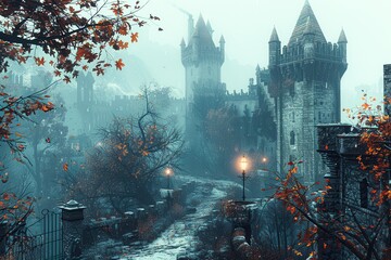 A misty landscape features an ancient castle surrounded by barren trees and fallen leaves, evoking a sense of mystery and nostalgia, Ideal for fantasy themes, storytelling, or historical projects,