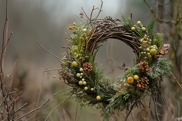 A Rustic Wreath of Twigs, Berries, and Pine Cones