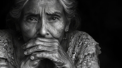 An elderly woman reflects deeply with hands clasped, highlighting her expressive features and the wisdom etched in her skin, surrounded by shadows