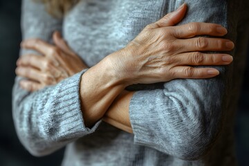 A woman is wearing a gray sweater and has her arms crossed