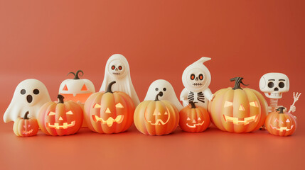 Halloween 3D figures of cute pumpkins, ghosts, skeletons, pink background. Invitation mockup. Generative AI