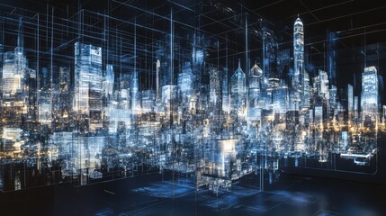 Naklejka premium A suspended city of transparent glass structures, illuminated from within, casting reflections into the sky.