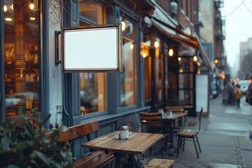 Charming cafÃ© scene featuring outdoor seating with empty tables, a blank sign for promotions, and warm indoor lighting, Ideal for use in restaurant marketing, lifestyle blogs, and urban exploration,