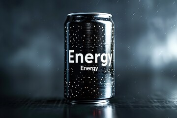 A sleek energy drink can glistens against a dark backdrop, creating a dynamic visual effect, Ideal for marketing materials related to beverages, fitness, or energy products,