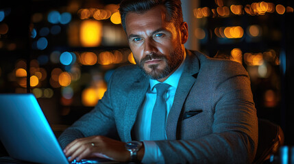 A focused businessman types on a laptop late at night in an upscale office with vibrant city lights creating an inspiring atmosphere