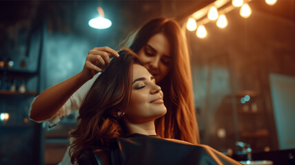 Fototapeta premium A woman in a hairdressing salon does her hair. The hairdresser provides haircut, styling and coloring services.
