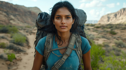 Naklejka premium A determined young woman with a backpack poses on a dusty trail surrounded by desert terrain and distant mountains under a bright sky