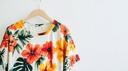 A vibrant floral print women's t-shirt hanging against a clean white backdrop, showcasing summer fashion trends for women