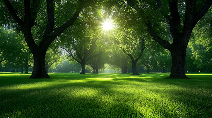 Obraz premium Sunlight Filtering Through Lush Green Trees in a Tranquil Forest Setting