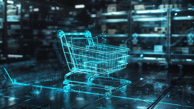 Futuristic digital shopping cart hologram in a hi-tech warehouse. Glowing blue wireframe trolley with data streams, symbolizing e-commerce and smart retail technology