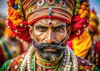 Intense Portrait of a Traditional Indian Warrior with Fierce Expression and Elaborate Attire
