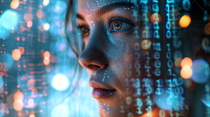 Close-up of woman's face with digital data overlay. Futuristic portrait blends human features with technological elements, symbolizing AI and digital transformation.