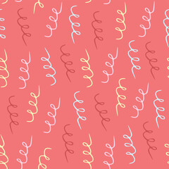 Festive hand-drawn pattern in doodle style with bright serpentine on a pink coral color background  