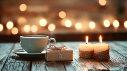 Cozy Winter Atmosphere with Coffee, Gift, and Candles
