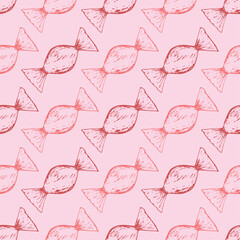 Festive hand-drawn pattern with cute candies on a pink background. Festive doodle seamless background with candies in sketch style