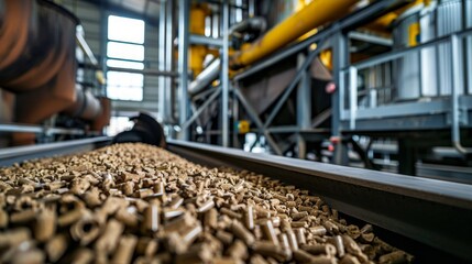 Image shows conveyor belt full of wooden pellets, person & machinery in industrial setting. Yellow-brown pellets pile up on dark grey conveyor.
