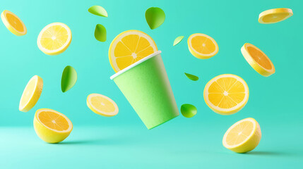 Citrus smoothie explosion, lemon and orange slices, biodegradable cup, 3D illustration