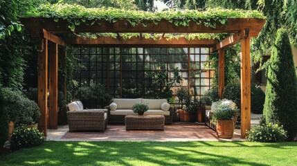 Naklejka premium Wooden pergola in a lush green garden, with comfortable seating and clear windows, creating a tranquil patio setting